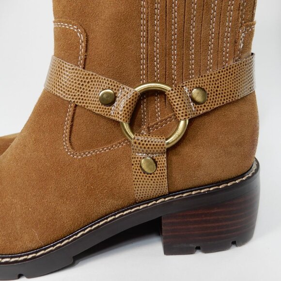 Donald Pliner Mai Moto Boots Size 8 Brown Suede Leather Saddle Harness NEW - Picture 12 of 14